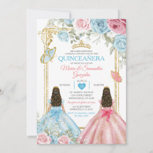 Invitación Pastel Azul Mariposa Rosa Floral Oro Quinceañera