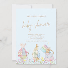 Invitación Pastel azul Peter the Rabbit Friends Baby Shower