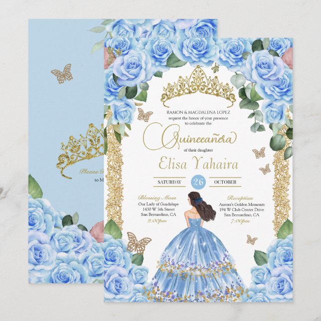 Invitación Pastel Azul Princesa Vestido Mariposa Quinceañera (Anverso / Reverso)