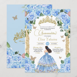 Invitación Pastel Azul Princesa Vestido Mariposa Quinceañera