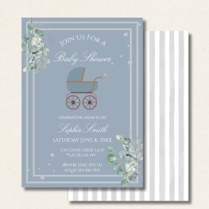 Invitación Pastel Azul Rayas Cochecito de Bebé Fiesta de Bien