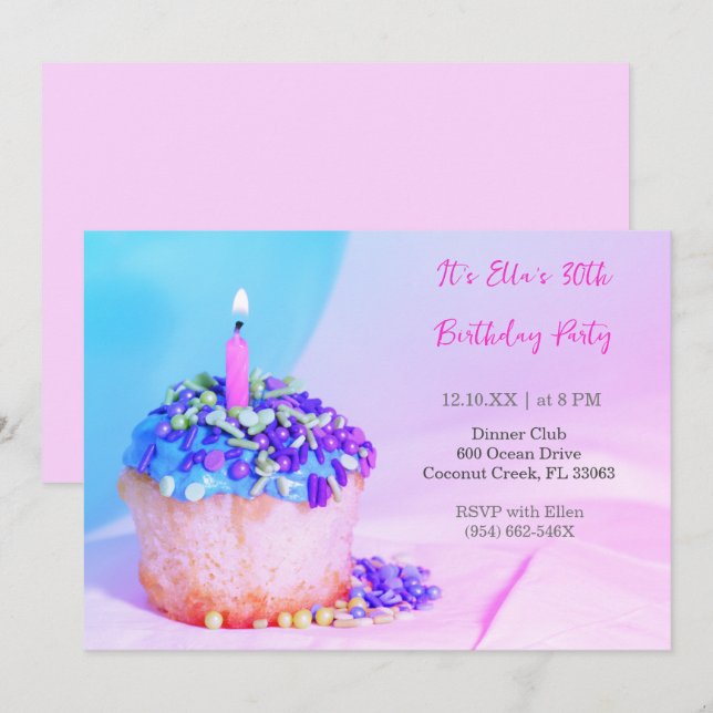 Invitación Pastel azul rosa colorido 30 años (Anverso / Reverso)