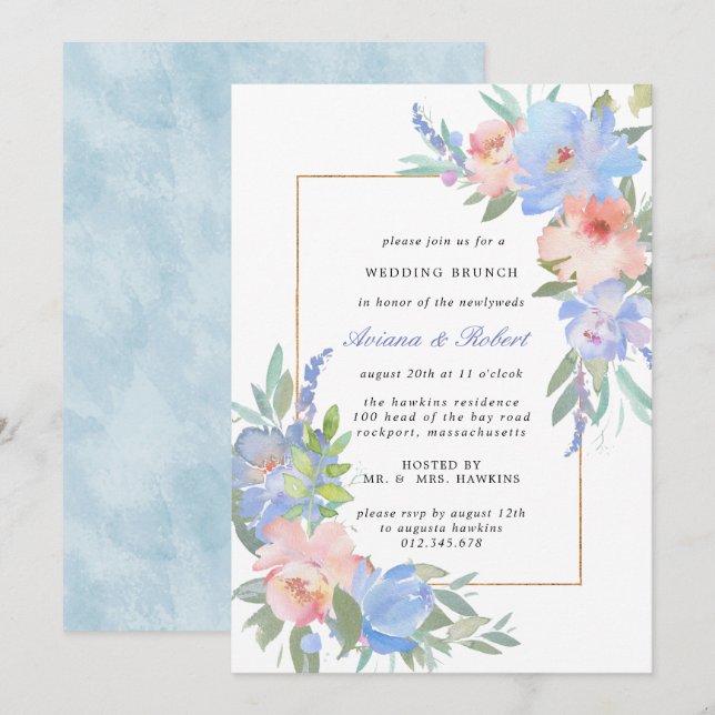 Invitación Pastel Azul Rosa Floral Boda Brunch (Anverso / Reverso)