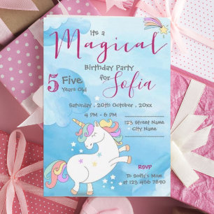 Invitación Pastel azul rosa Magnífico Unicornio Temático Cump