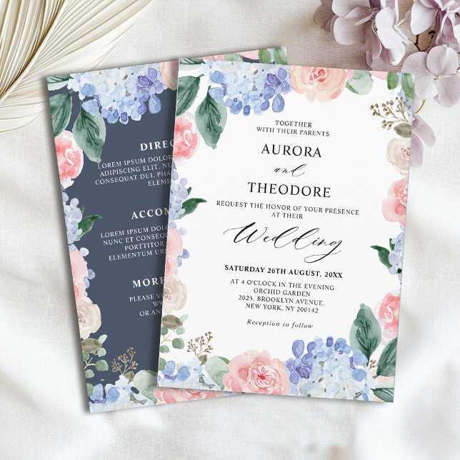 Invitación Pastel azul turbio Boda de hortensias rosadas (Dusty Blue Pastel Pink hydrangeas Wedding Invitation)