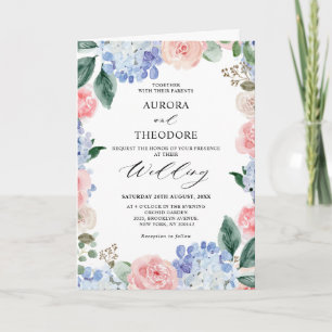 Invitación Pastel azul turbio Hidrenajes rosados Boda doblado
