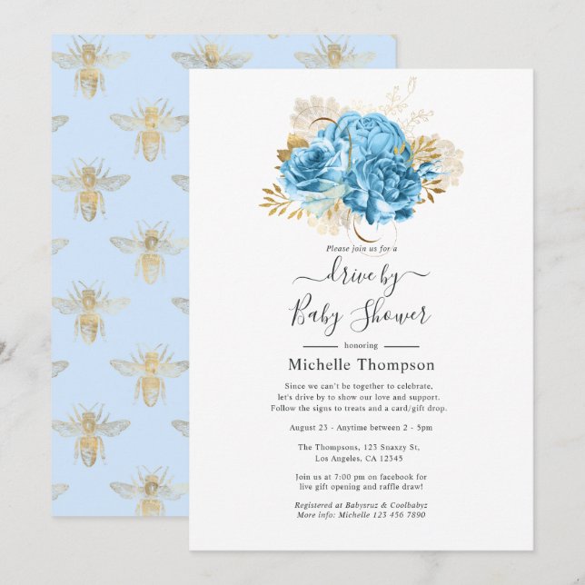 Invitación Pastel azul y oro Floral por ducha (Anverso / Reverso)