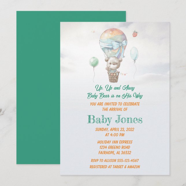 Invitación Pastel Baby Bear Hot Air Balloon Baby Shower (Anverso / Reverso)
