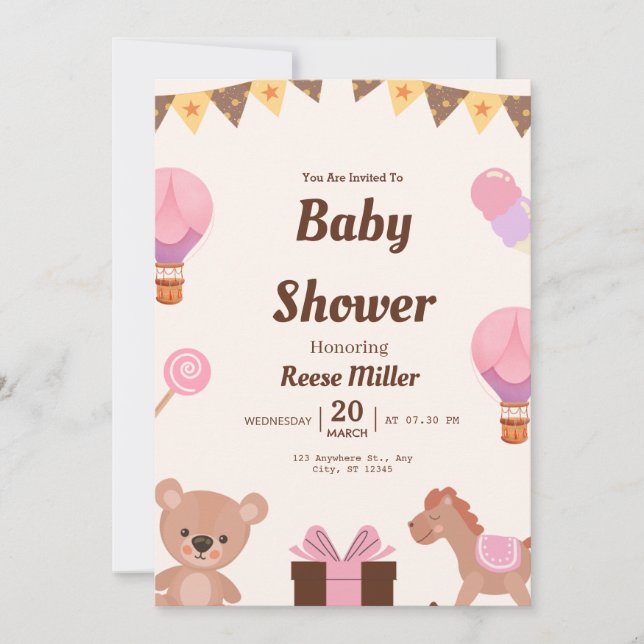 Invitación Pastel Baby Shower Invite – Balloons, Bear & Candy (Anverso)