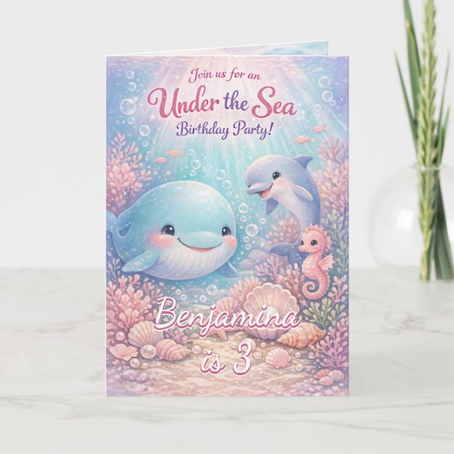 Invitación Pastel Bajo el Mar Cumpleaños Ballena Delfín Fiest (Anverso)