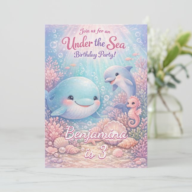 Invitación Pastel Bajo el Mar Cumpleaños de Niña Fiesta Oceán (Anverso de pie)