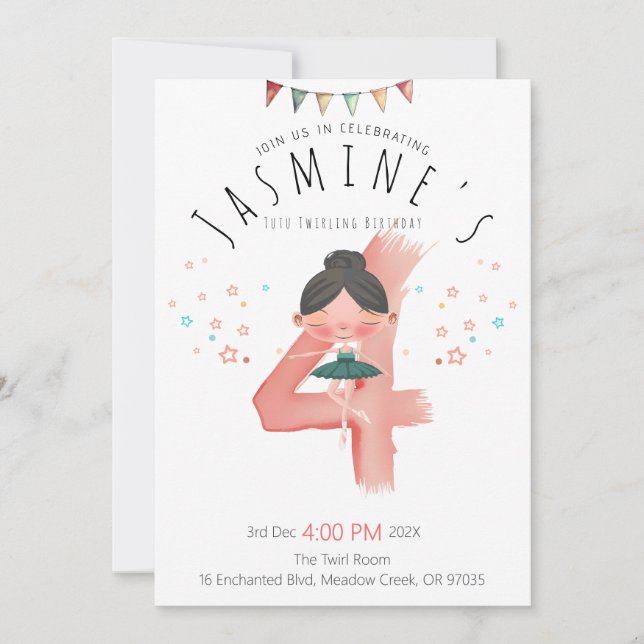Invitación Pastel Ballerina 4th Birthday Girl  (Anverso)