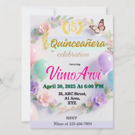 Invitación Pastel Balloons and Butterfly Quinceañera birthday