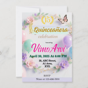 Invitación Pastel Balloons y Mariposas Quinceañera 