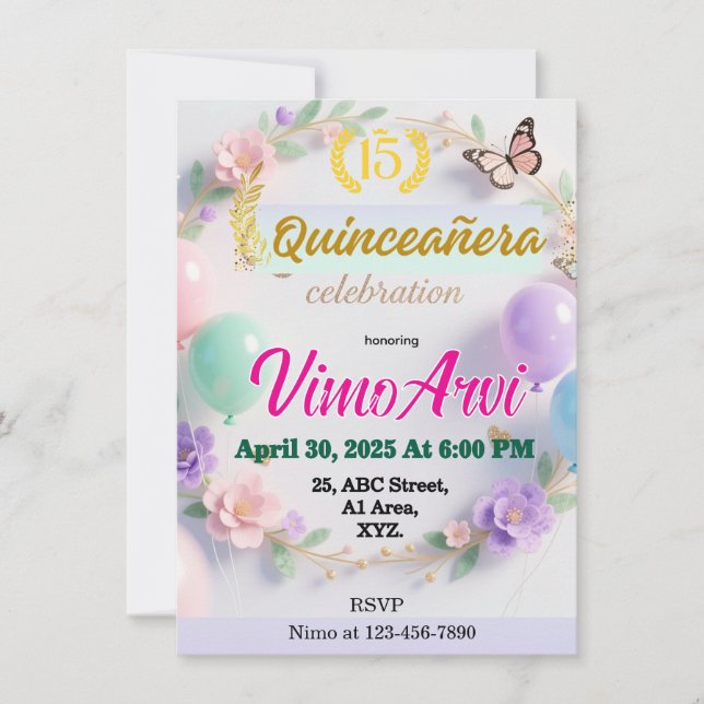 Invitación Pastel Balloons y Mariposas Quinceañera  (Anverso)