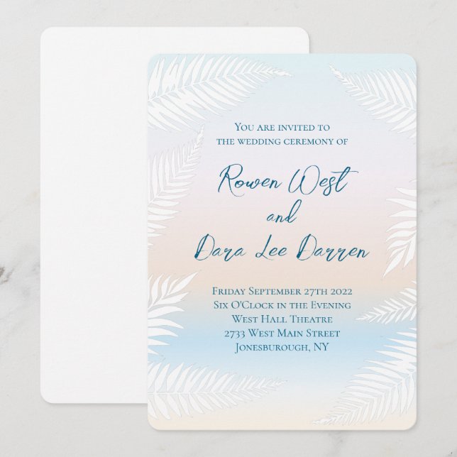 Invitación Pastel Beach Sunset Tropical Palm Leaf Wedding (Anverso / Reverso)