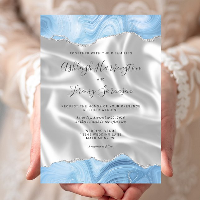 Invitación Pastel Bebé Blue Silver Agate Boda de seda blanca (Subido por el creador)