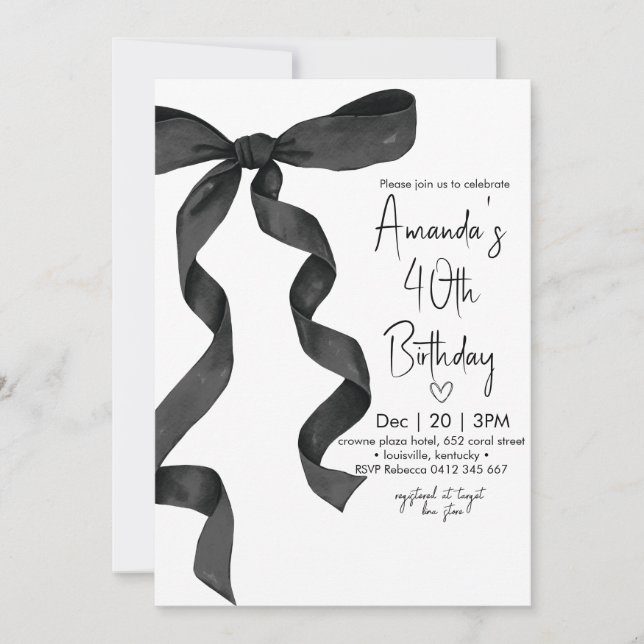 Invitación Pastel Black Bow Elegant Birthday (Anverso)