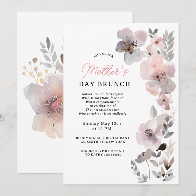 Invitación Pastel Blooms acuarela Día Botánico de la Madre (Anverso / Reverso)