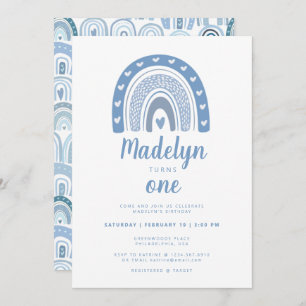 Invitación Pastel Blue Boho Rainbow First Birday