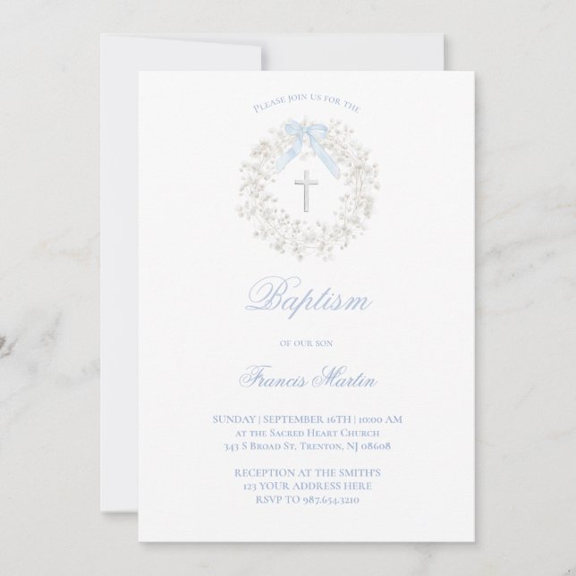 Invitación pastel blue bow baby's breath wreath Baptism (Anverso)