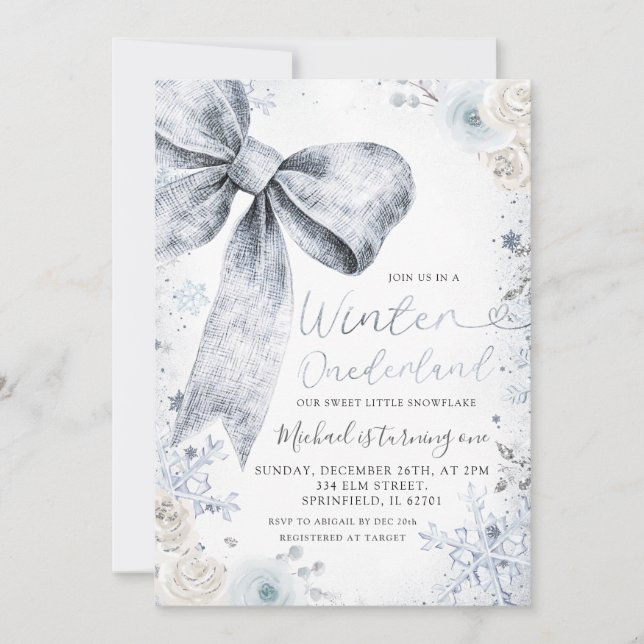 Invitación Pastel Blue Bow Winter Sprinkle Conquette Cumpleañ (Anverso)
