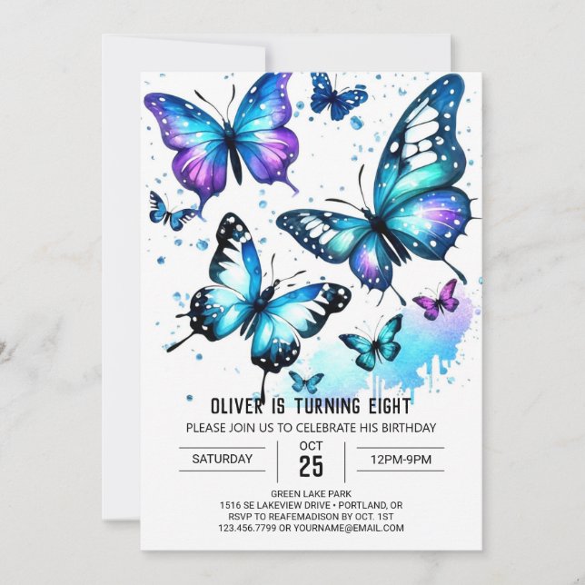 Invitación Pastel Blue Butterfly Boy Cumpleaños (Anverso)