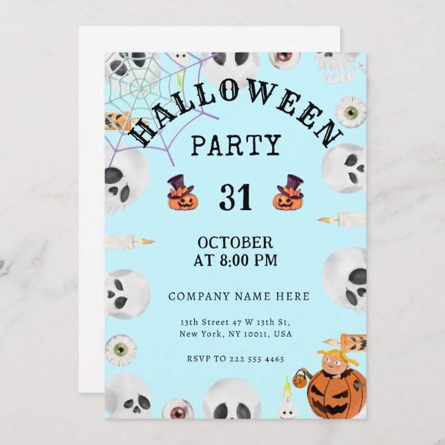 Invitación Pastel Blue Classic Halloween Office Fiesta (Anverso / Reverso)