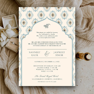 Invitación Pastel Blue Cream Ikat Anand Karaj Sikh Boda