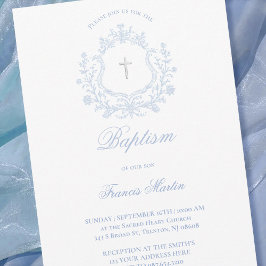 Invitación pastel blue crest baby boy Baptism