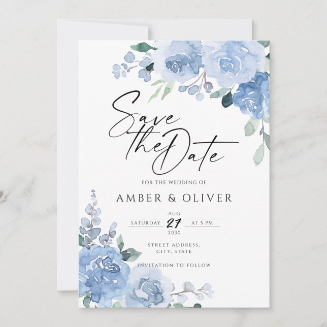 Invitación Pastel Blue Dusty Floral Light Boho Guardar La Fec (Anverso)