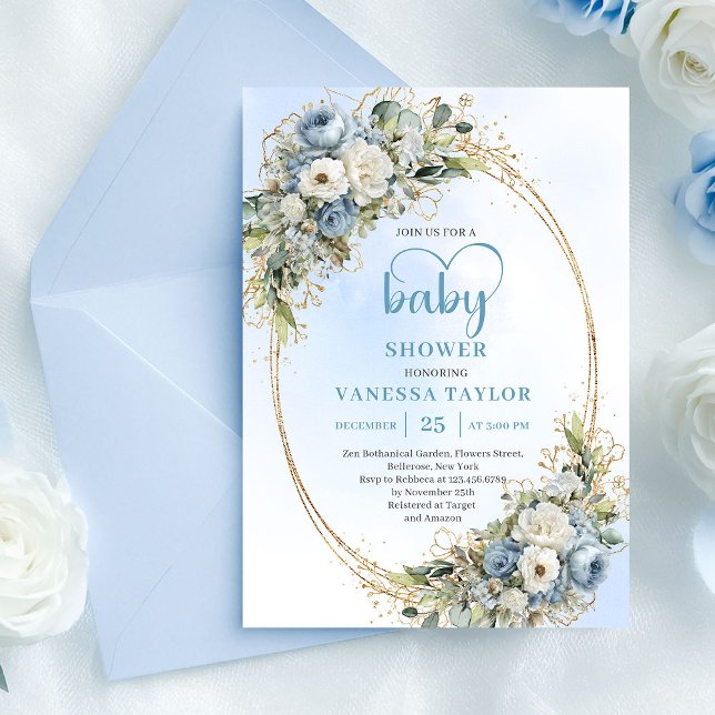 Invitación Pastel Blue Eucalyptus Floral Gold Baby Shower   (Pastel Blue Eucalyptus Floral Gold Baby Shower Card

)