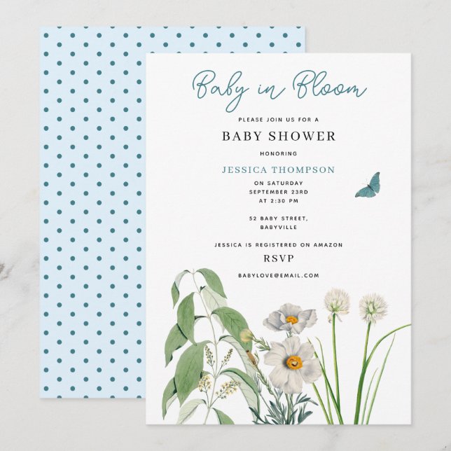 Invitación Pastel Blue Floral Baby en Bloom Baby Shower (Anverso / Reverso)
