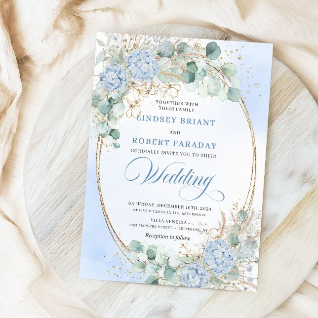 Invitación Pastel Blue Hydrangea Wheat Elegant Wedding Invite (Pastel Blue Hydrangea Wheat Elegant Wedding Invitation)