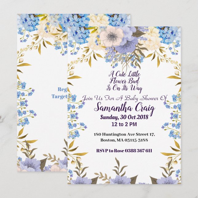 Invitación Pastel Blue Little Flower Bud Floral Baby Shower (Anverso / Reverso)
