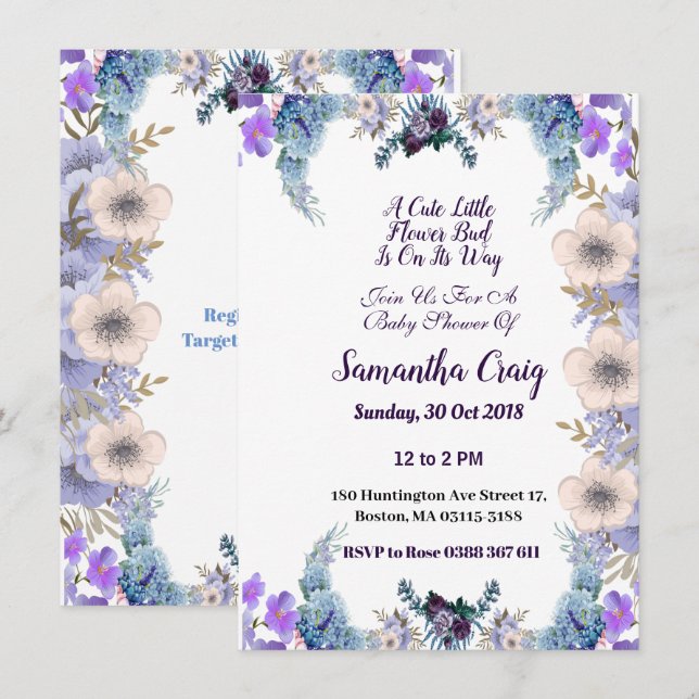 Invitación Pastel Blue Little Flower Bud Lilac Baby Shower (Anverso / Reverso)