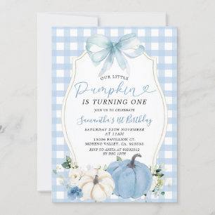 Invitación Pastel Blue Little Pumpkin Gingham Primer Cumpleañ