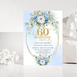 Invitación Pastel Blue Peonies Gold 60th Birthday Invitation