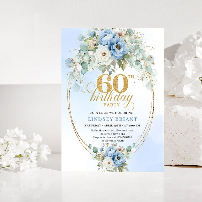 Invitación Pastel Blue Peony Gold 60th Birthday Invitation (Pastel Blue Peony 60th Birthday Invitation)