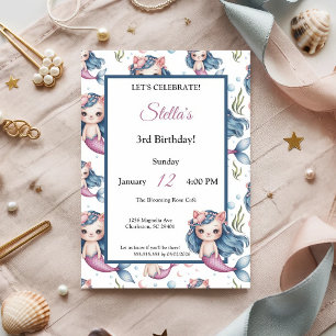 Invitación Pastel Blue Pink Cat Mermaid Chica cumpleaños