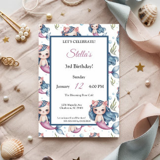 Invitación Pastel Blue Pink Cat Mermaid Chica cumpleaños