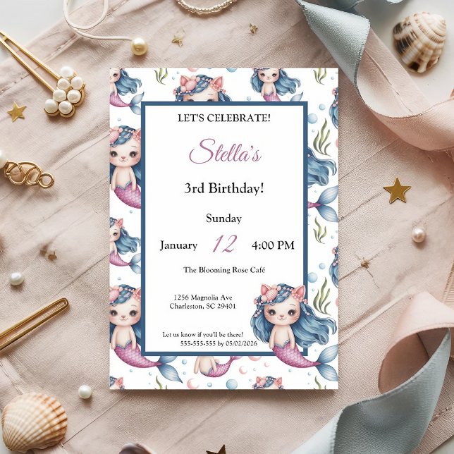 Invitación Pastel Blue Pink Cat Mermaid Chica cumpleaños (Subido por el creador)