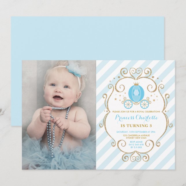 Invitación Pastel Blue Princess Cinderella Carriage Cumpleaño (Anverso / Reverso)