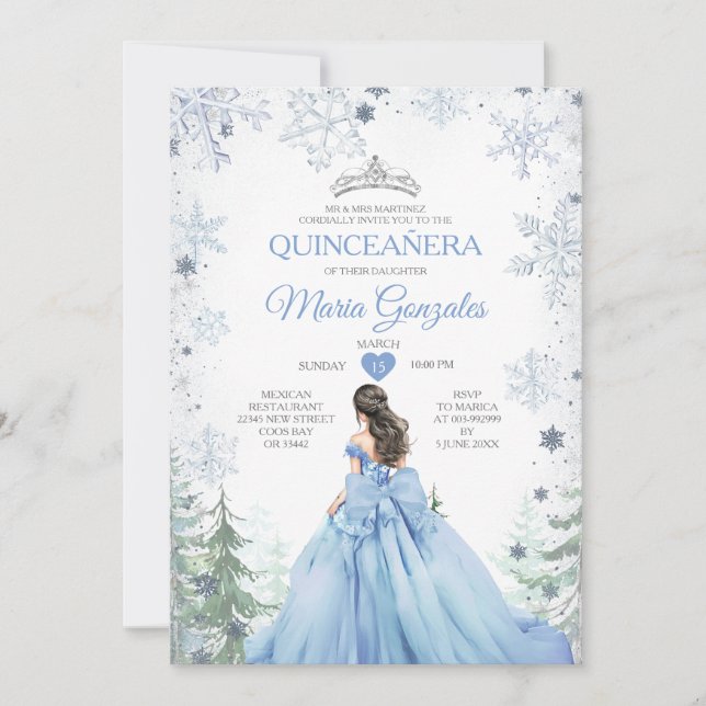 Invitación Pastel Blue Princess Winter Forest Quinceañera (Anverso)