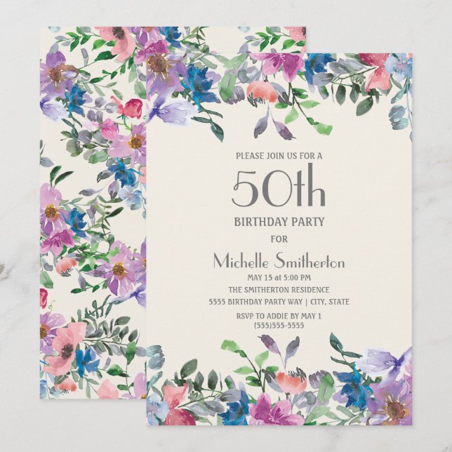 Invitación Pastel Blue Purple Floral Mujeres 50 cumpleaños (Anverso / Reverso)