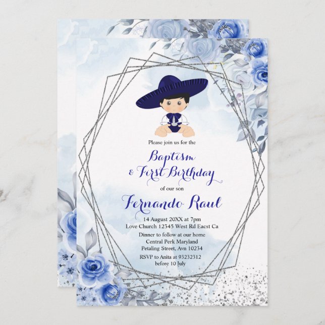 Invitación Pastel Blue Silver Fiesta Boy Baptism Cumpleaños (Anverso / Reverso)
