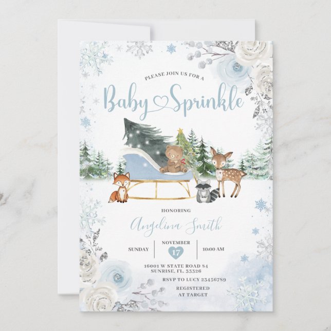 Invitación Pastel Blue Sleigh Winter Animals Baby Sprinkle (Anverso)