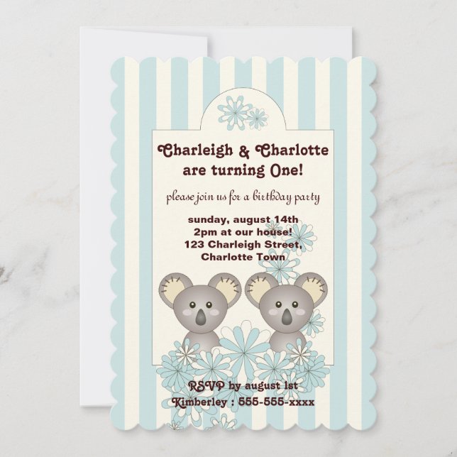 Invitación Pastel Blue Stripe Baby Koala Twin Kids Cumpleaños (Anverso)