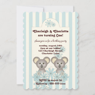 Invitación Pastel Blue Stripe Baby Koala Twin Kids Cumpleaños