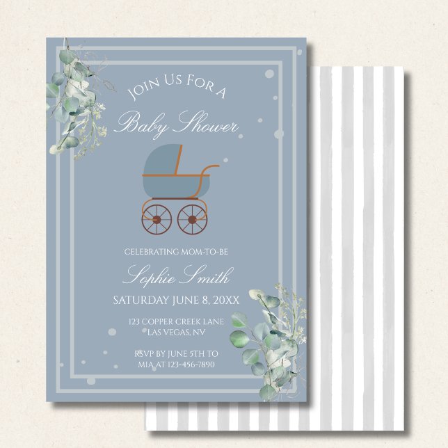 Invitación Pastel Blue Stripes Baby Carriage Baby Shower (Subido por el creador)